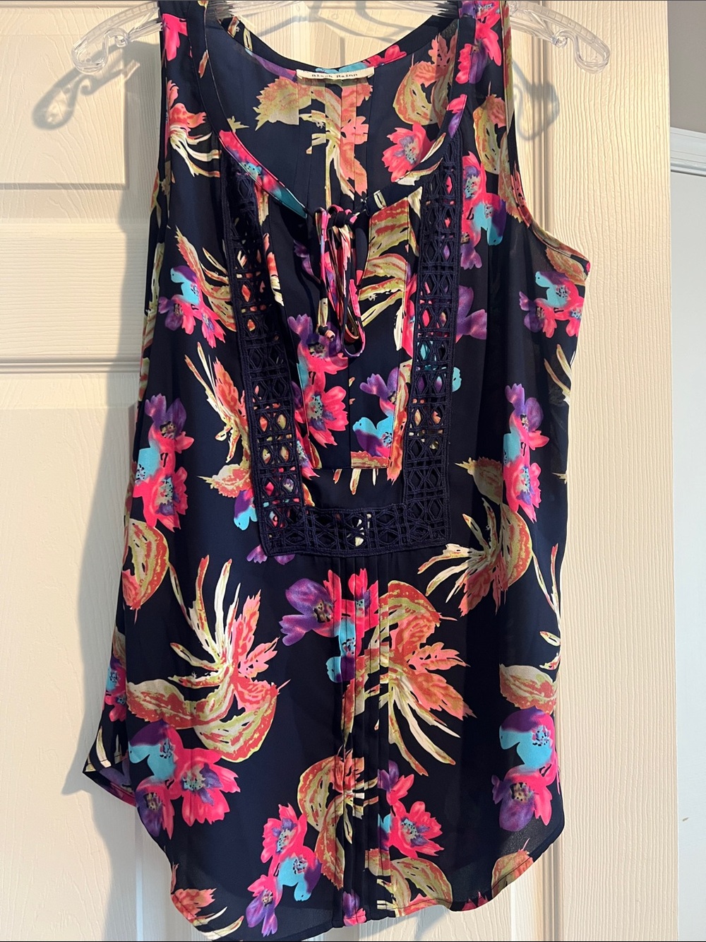 Black Rainn Navy Floral Crochet Tie-Front Tank